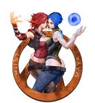  ass belt blue_hair borderlands borderlands_2 breast_press breasts cleavage denim energy fire highres ikeda_masateru jeans leg_between_thighs lilith_(borderlands) maya_(borderlands) medium_breasts multiple_girls pants red_eyes short_hair simple_background siren_(borderlands) symmetrical_docking tattoo white_background 