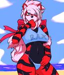  arcanine beach bikini blue_eyes breasts canine clothed clothing female hair looking_at_viewer mammal nintendo pinup pok&#233;mon pok&eacute;mon pose seaside skimpy solo standing swimsuit under_boob unknown_artist video_games white_hair 
