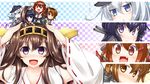  :d ahoge akatsuki_(kantai_collection) bare_shoulders black_hair blue_eyes brown_eyes brown_hair checkered chibi detached_sleeves fang fujimoto_akio hairband hat hibiki_(kantai_collection) highres ikazuchi_(kantai_collection) inazuma_(kantai_collection) japanese_clothes kantai_collection kongou_(kantai_collection) long_hair multiple_girls on_head open_mouth person_on_head ribbon-trimmed_sleeves ribbon_trim school_uniform serafuku short_hair silver_hair smile triangle_mouth 