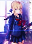  absurdres ahoge artoria_pendragon_(all) bad_id bad_yandere_id bag blonde_hair blue_eyes calendar_(medium) capsule_servant fate/zero fate_(series) highres looking_at_viewer master_artoria ribbon scan school_bag school_uniform serafuku solo sword takeuchi_takashi weapon 