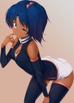  ;) arched_back bare_shoulders bent_over black_legwear blue_eyes blue_hair breasts cleavage closed_mouth dark_skin detached_sleeves gradient gradient_background gundam hair_bobbles hair_ornament medium_breasts one_eye_closed rachel_ransom sd_gundam_g-generation short_shorts shorts side_ponytail smile solo thighhighs zizi_(zz22) 