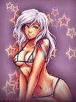  blue_hair borrowed_character breasts eyebrow_piercing howler_(owler) iahfy lip_piercing long_hair navel nipple_piercing nippleless_clothes nipples original piercing smile solo string_bikini tattoo v_arms white_hair 