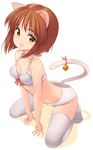  :d animal_ears bare_shoulders bell bra breasts brown_hair cat_ears cat_tail cleavage fang kneeling medium_breasts open_mouth original panties smile solo tail tail_bell thighhighs underwear underwear_only white_bra white_legwear white_panties yellow_eyes zizi_(zz22) 