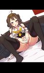  ahoge akino_sora bare_shoulders blush brown_hair covering covering_crotch detached_sleeves double_bun hair_ornament hairband headgear highres japanese_clothes kantai_collection kongou_(kantai_collection) long_hair open_mouth pee peeing pussy_juice skirt solo spread_legs thighhighs 
