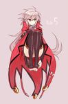  alpha-01 blazblue cape cosplay floating genderswap genderswap_(mtf) green_eyes heterochromia long_hair nu-13 nu-13_(cosplay) ragna_the_bloodedge red_eyes silver_hair solo squatting thighhighs toeless_legwear tomo_(tomorag7) 