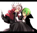  bad_id bad_pixiv_id black_pants blazblue cream demon_horns green_hair hazama horns knife kuro_yuzu multiple_boys pants ragna_the_bloodedge silver_hair 