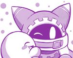  ^_^ ^o^ bad_id bad_pixiv_id belt blush_stickers buckle cloak closed_eyes gias-ex-machella hat hood kirby kirby_(series) magolor monochrome no_humans one_eye_closed open_mouth purple simple_background smile white_background 