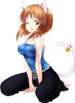  ;d animal_ears arm_support barefoot bell bob_cut brown_eyes brown_hair cat_ears cat_tail fang full_body hagiwara_yukiho idolmaster idolmaster_(classic) one_eye_closed open_mouth pants shirt short_hair simple_background sitting smile solo sweatpants tail tail_bell tank_top taut_clothes taut_shirt wariza white_background zizi_(zz22) 