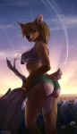  2018 anthro bedroom_eyes big_breasts biped blonde_hair boy_shorts breasts brown_body brown_fur butt butt_focus cervine clothed clothing contrail crop_top daisy_(flower) detailed_background digital_media_(artwork) eyelashes female field flower fully_clothed fur green_bottomwear green_eyes grey_topwear hair half-closed_eyes inner_ear_fluff looking_at_viewer lupin_(plant) mammal midriff multicolored_body multicolored_fur outside panties pinup plant pose samantha_(helios) seductive shaded shirt short_tail skimpy sky smile soft_shading solo spots spotted_body spotted_fur standing sunset taurus_(artist) tree under_boob underwear white_body white_fur white_spots wood 