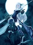  bangs black_gloves black_legwear blunt_bangs boots bravely_default:_flying_fairy bravely_default_(series) bravely_second:_end_layer cleavage_cutout dress flower full_moon gloves hair_flower hair_ornament high_heel_boots high_heels highres leg_up lips long_hair magnolia_arch moon naginata night outstretched_hand polearm side_slit smile solo thigh_boots thighhighs weapon white_hair yellow_eyes yoshida_akihiko 
