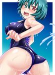 ass back blue_eyes blue_hair breasts covered_nipples ebi_193 heterochromia large_breasts looking_back one-piece_swimsuit open_mouth red_eyes school_swimsuit short_hair solo swimsuit tatara_kogasa touhou water wet wet_clothes wet_swimsuit 