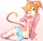  ;p animal_ears arm_support brown_eyes cat_ears cat_paws cat_tail gradient gradient_background jacket one_eye_closed orange_hair original paws ribbon short_shorts short_twintails shorts sitting sleeves_past_wrists solo striped striped_legwear tail tail_ribbon thigh_gap thighhighs tongue tongue_out twintails yokozuwari zizi_(zz22) 