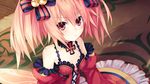 :/ alyn_(fairy_fencer_f) bare_shoulders blush breasts cleavage collar cross detached_sleeves fairy_fencer_f frills game_cg hair_ornament looking_at_viewer official_art orange_hair red_eyes silhouette sleeves_past_wrists small_breasts solo tsunako twintails v-shaped_eyebrows wide_sleeves 