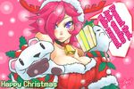  alternate_costume antlers bare_shoulders bell bell_collar breasts christmas cleavage collar engrish gift gloves hat large_breasts league_of_legends light_smile lips pink_hair purple_eyes ranguage reindeer_antlers santa_hat short_hair signature solo trombe vi_(league_of_legends) 