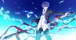  grey_hair lightning male_focus mayokichi narukami_yuu persona persona_4 polearm school_uniform solo spear standing weapon 