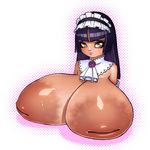  breast_rest breasts commentary david_goujard english_commentary flower gigantic_breasts huge_breasts huge_nipples inverted_nipples looking_at_viewer maid_headdress nipples original purple_hair shiny shiny_skin solo sweat 