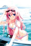  absurdres arm_support bikini blue_eyes breasts cleavage collarbone floral_print goggles goggles_on_head highres kasukabe_akira leaning_forward long_hair medium_breasts navel pink_hair poolside print_bikini sakura_nanako sakura_sakura scan smile solo sparkle strap_slip swimsuit wading wet 