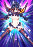  black_hair blue_eyes boots breasts elbow_gloves garter_straps gloves hair_ornament highres kill_la_kill matoi_ryuuko microskirt multicolored_hair navel pleated_skirt red_hair revealing_clothes scissor_blade senketsu skirt solo sparkle spikes suspenders thigh_boots thighhighs tope_suicida_(tanishi) two-tone_hair underboob 