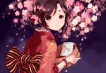  black_eyes black_hair bucket cherry_blossoms flower japanese_clothes kimono original petals short_hair side_ponytail smile solo tan_(tangent) 
