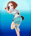  1girl artist_request ass bike_shorts breasts brown_eyes brown_hair from_behind hairband hope_trainer_(pokemon) looking_at_viewer minakaya nintendo npc npc_trainer poke_ball pokemon pokemon_(game) pokemon_xy shoes short_hair sideboob skirt smile upskirt 