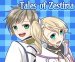  1boy 1girl alicia_(tales) alisha_diphda aqua_eyes blue_background blue_eyes blush breasts brown_hair capelet coat copyright_name earrings jewelry long_hair ribbon short_hair side_ponytail slay_(tales) sorey_(tales) tales_of_(series) tales_of_zestiria 