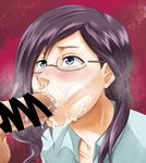  1boy 1girl :&gt;= blue_eyes blush brown_hair censored clothed cum cum_in_mouth cum_in_nose cum_out_nose cumdrip erection facial fellatio glasses idolmaster idolmaster_cinderella_girls long_hair looking_up omegapurasu oral penis saliva snot sweat tears testicles yagami_makino 