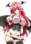  :p bat_wings black_panties blush breasts bridal_gauntlets contrapposto corset dress_shirt fingerless_gloves garter_straps gloves groin head_wings highres koakuma lace large_breasts long_hair low_wings lowleg lowleg_panties necktie no_pants panties panty_pull red_eyes red_hair red_neckwear revision shirt short_sleeves simple_background solo standing tongue tongue_out touhou tro underbust underwear very_long_hair white_background white_shirt wings wrist_cuffs 