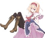  alice_margatroid black_legwear blonde_hair blue_eyes boots capelet cross-laced_footwear dress lace-up_boots looking_at_viewer mochiki pantyhose short_hair simple_background solo touhou white_background wrist_cuffs 