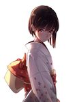  brown_hair earrings japanese_clothes jewelry kimono looking_at_viewer mole mole_under_eye obi original phantania red_eyes sash short_hair simple_background solo torii white_background 