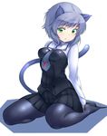  animal_ears between_breasts black_legwear breasts cat_ears cat_tail green_eyes necktie pantyhose parted_lips pleated_skirt sanya_v_litvyak short_hair silver_hair sitting skirt solo strike_witches tail wariza world_witches_series zizi_(zz22) 