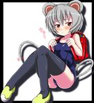  :&lt; animal_ears backpack bag black_legwear ebi_193 grey_hair mouse_ears mouse_tail nazrin one-piece_swimsuit randoseru red_eyes school_swimsuit short_hair solo swimsuit tail thighhighs touhou 