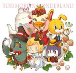  0328uppi 2girls 3boys alice alice_(cosplay) alice_(wonderland) alice_(wonderland)_(cosplay) alice_in_wonderland beans blonde_hair blue_eyes brewster bunny butterfly cat cheshire_cat cheshire_cat_(cosplay) coffee coffee_beans cosplay crown cup doubutsu_no_mori giraffe glasses grace_(doubutsu_no_mori) hat heart mad_hatter mad_hatter_(cosplay) multiple_boys multiple_girls mushroom necktie pidgeon plate pocket_watch queen_of_hearts queen_of_hearts_(cosplay) rabbit red_eyes rover simple_background sunglasses tail teapot top_hat villager_(doubutsu_no_mori) watch white_background white_rabbit white_rabbit_(cosplay) zipper_t_bunny 