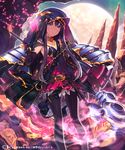  armpits belt black_hair dress gloves gradient_eyes long_hair looking_at_viewer mckeee moon multicolored multicolored_eyes pantyhose shingeki_no_bahamut solo staff star watermark weapon 