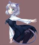  :o alternate_breast_size animal_ears arched_back ass bent_over black_legwear breasts brown_background cat_ears cat_tail green_eyes looking_back medium_breasts necktie open_mouth panties panties_under_pantyhose pantyhose sanya_v_litvyak short_hair silver_hair simple_background skin_tight solo strike_witches tail underwear upskirt world_witches_series zizi_(zz22) 