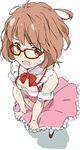  blush bob_cut brown_eyes brown_hair face glasses kuriyama_mirai kyoukai_no_kanata open_mouth red-framed_eyewear short_hair skirt solo umanosuke 