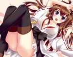  ahoge bad_id bad_pixiv_id boots breasts brown_hair cleavage detached_sleeves double_bun frilled_skirt frills hair_ornament hairband japanese_clothes kantai_collection kongou_(kantai_collection) long_hair medium_breasts open_mouth purple_eyes ribbon-trimmed_sleeves ribbon_trim shige skirt smile solo thigh_boots thighhighs 