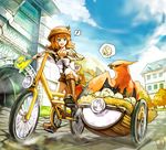  1girl bicycle blue_eyes boots brown_hair egg gameplay_mechanics gen_6_pokemon ground_vehicle hat highres knee_boots pokemon pokemon_(creature) pokemon_(game) pokemon_xy sa-dui serena_(pokemon) short_hair sidecar talonflame truth 