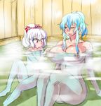  alternate_hairstyle bathing blue_eyes blue_hair bow breast_grab breasts commentary_request curvy danna_(karatekikku) floating_breasts fujiwara_no_mokou grabbing hair_bow hair_up huge_breasts kamishirasawa_keine looking_at_breasts multiple_girls nipples nude one_eye_closed open_mouth outstretched_hand ponytail red_hair silver_hair sitting smile touhou 