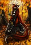  arrow autumn bow bow_(weapon) breasts claws digitigrade female forest green_eyes hair hindpaw horn long_hair looking_at_viewer naira outside paws ranged_weapon sitting solo toes tree weapon 