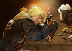  assassin's_creed_(series) assassin's_creed_iv:_black_flag blonde_hair blush bottle drooling edward_kenway long_hair male_focus narrator_(nobody) ponytail smile solo 