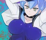  arms_up blue_hair breasts cardfight!!_vanguard choker gillian_chen large_breasts long_hair looking_at_viewer oda_koziki solo tsurime yellow_eyes 