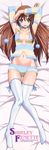  1girl :p absurdres arm_warmers armpits arms_up breasts breasts_apart brown_hair character_name cleavage code_geass collarbone copyright_name dakimakura detached_sleeves female fixed green_eyes hair_spread_out highres huge_filesize knees_together_feet_apart legs long_hair long_image looking_at_viewer lying midriff navel on_back ribbon shirley_fenette short_shorts shorts smile solo tabata_hisayuki tall_image thigh_gap thighhighs tongue tongue_out white_legwear 