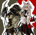  alien armor claws dagger detached_sleeves dress gauntlets hairlocs hat inubashiri_momiji muscle nameo_(judgemasterkou) open_mouth predator predator_(movie) short_hair touhou weapon whip white_hair 