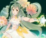  88_(kimidori_midori) alraune_(p&amp;d) bad_id bad_pixiv_id drill_hair flower green_eyes green_hair hair_tie long_hair midriff navel plant_girl puzzle_&amp;_dragons sitting thighhighs wand 