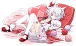  animal_ears bat_wings blush cat_ears cat_tail cloudy.r fangs gloves hair_ribbon highres kemonomimi_mode looking_at_viewer mary_janes one_eye_closed paw_gloves paws red_eyes remilia_scarlet ribbon shoes short_hair silver_hair smile solo tail tail_ribbon thighhighs touhou white_legwear wings wrist_cuffs yarn yarn_ball 