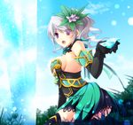  bad_id bad_pixiv_id breasts cleavage fez_(video_game) flower gloves hair_ornament large_breasts mayokichi open_mouth ponytail purple_eyes short_hair skirt solo white_hair 