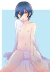  blue_hair chestnut_mouth dark_persona flat_chest navel nipples no_pants off_shoulder panties persona persona_4 shinocco shirogane_naoto short_hair sitting solo striped striped_panties underwear yellow_eyes 