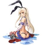  ass blonde_hair boots breasts brown_hair butt_crack elbow_gloves gloves grey_footwear hair_ribbon kantai_collection long_hair panties poncho_(seiga) ribbon sailor_collar shimakaze_(kantai_collection) sitting small_breasts solo striped striped_legwear thighhighs thong torn_clothes torn_panties underboob underwear wariza water 