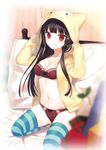  :3 animal_hood aqua_legwear bangs black_hair blunt_bangs blurry blush bra breasts cat_hood cleavage depth_of_field fang fang_out hood hoodie lace lace-trimmed_bra lace-trimmed_panties long_hair looking_at_viewer medium_breasts midorikawa_you navel no_pants original panties plaid plaid_bra plaid_panties red_bra red_eyes red_panties smile solo striped striped_legwear thighhighs underwear v-shaped_eyebrows 