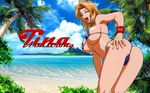  1girl ass background beach bikini blonde_hair blue_eyes breasts character_name dead_or_alive inviting large_breasts ocean short_hair smile solo swimsuit tecmo thong thong_bikini tina_armstrong tree trees water wink 